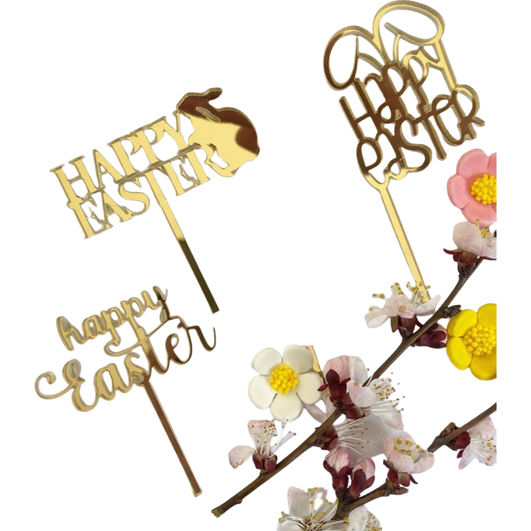 10-Piece Set of Elegant Easter Cake Toppers – Gold Acrylic "Happy Easter" Decorations with Bunny & Egg Designs