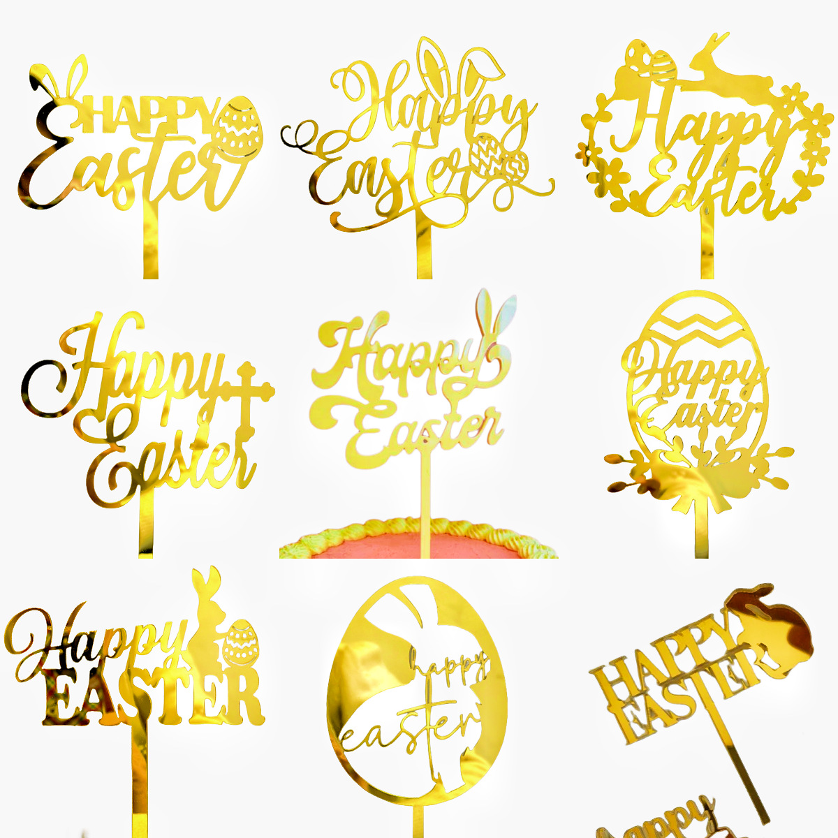 10-Piece Set of Elegant Easter Cake Toppers – Gold Acrylic "Happy Easter" Decorations with Bunny & Egg Designs