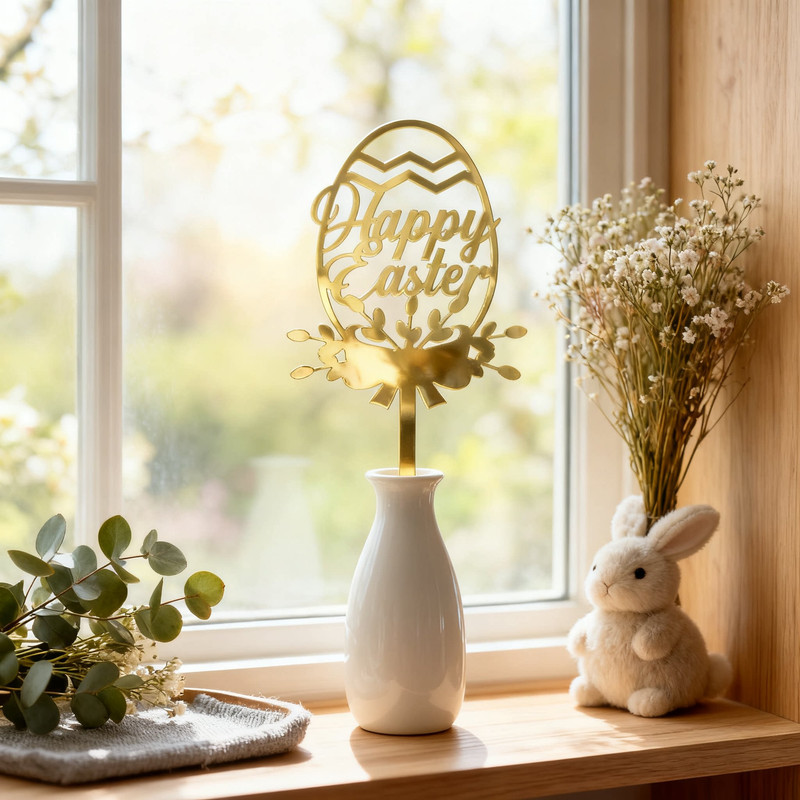 10-Piece Set of Elegant Easter Cake Toppers – Gold Acrylic "Happy Easter" Decorations with Bunny & Egg Designs