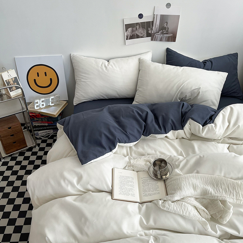 White and Dark Grey Washed Cotton Bedding Set - Solid Color Fitted Sheet Style White and Dark Grey Washed Cotton Bedding Set - Solid Color Fitted Sheet Style