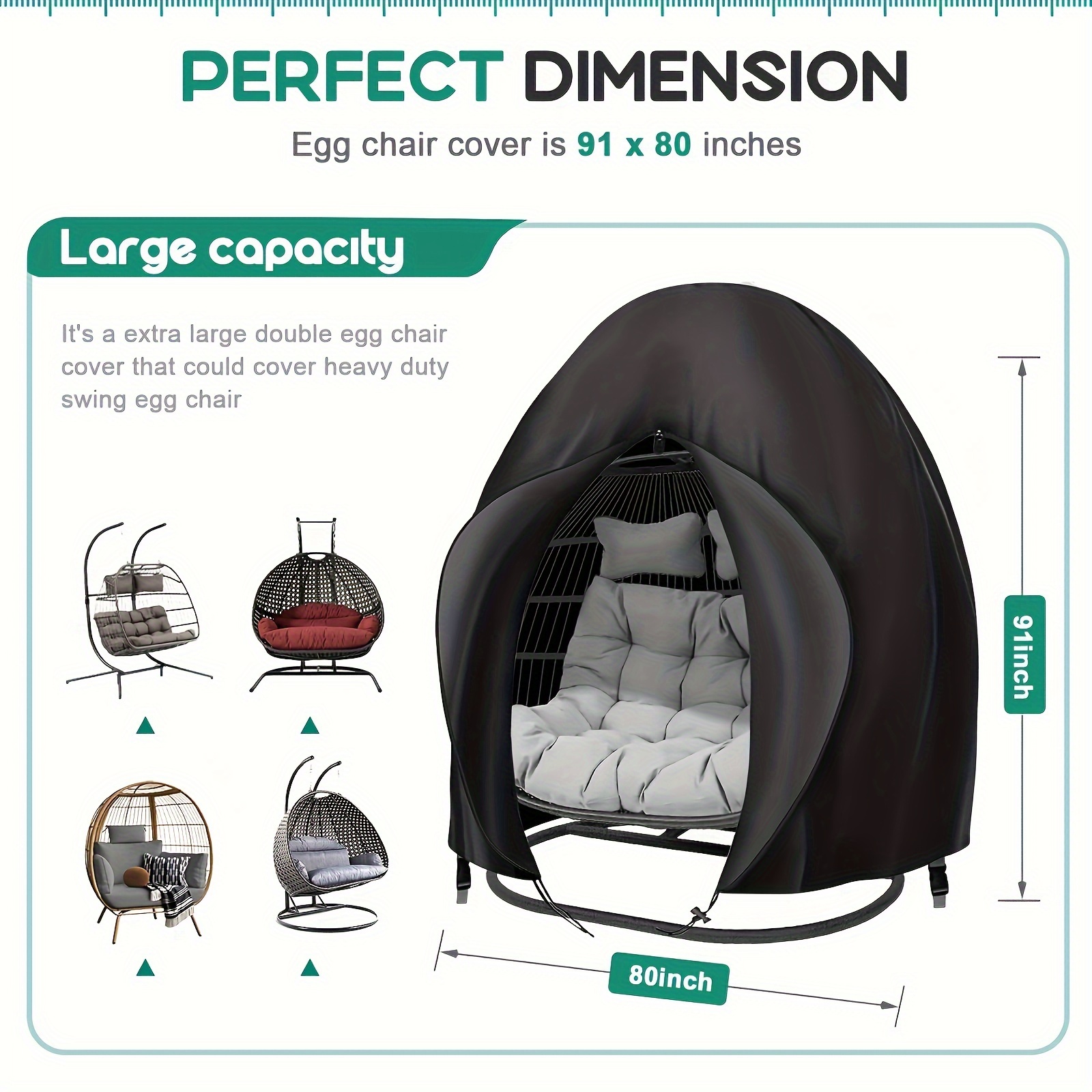 Black Heavy Duty Hanging Egg Chair Shield with Windproof Drawstring and Storage Bag - Waterproof & Dustproof Garden Swing Chair Protector (Double Seat 190 x 115 CM)