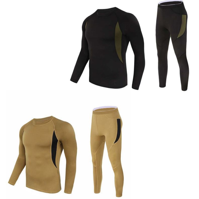 2-Pack XXL Size Men's Tactical 4-Way Stretch Fleece Lined Thermal Underwear Set(Black + Khaki) - Winter Sweat-Wicking & Breathable Sportswear for Training & Outdoors