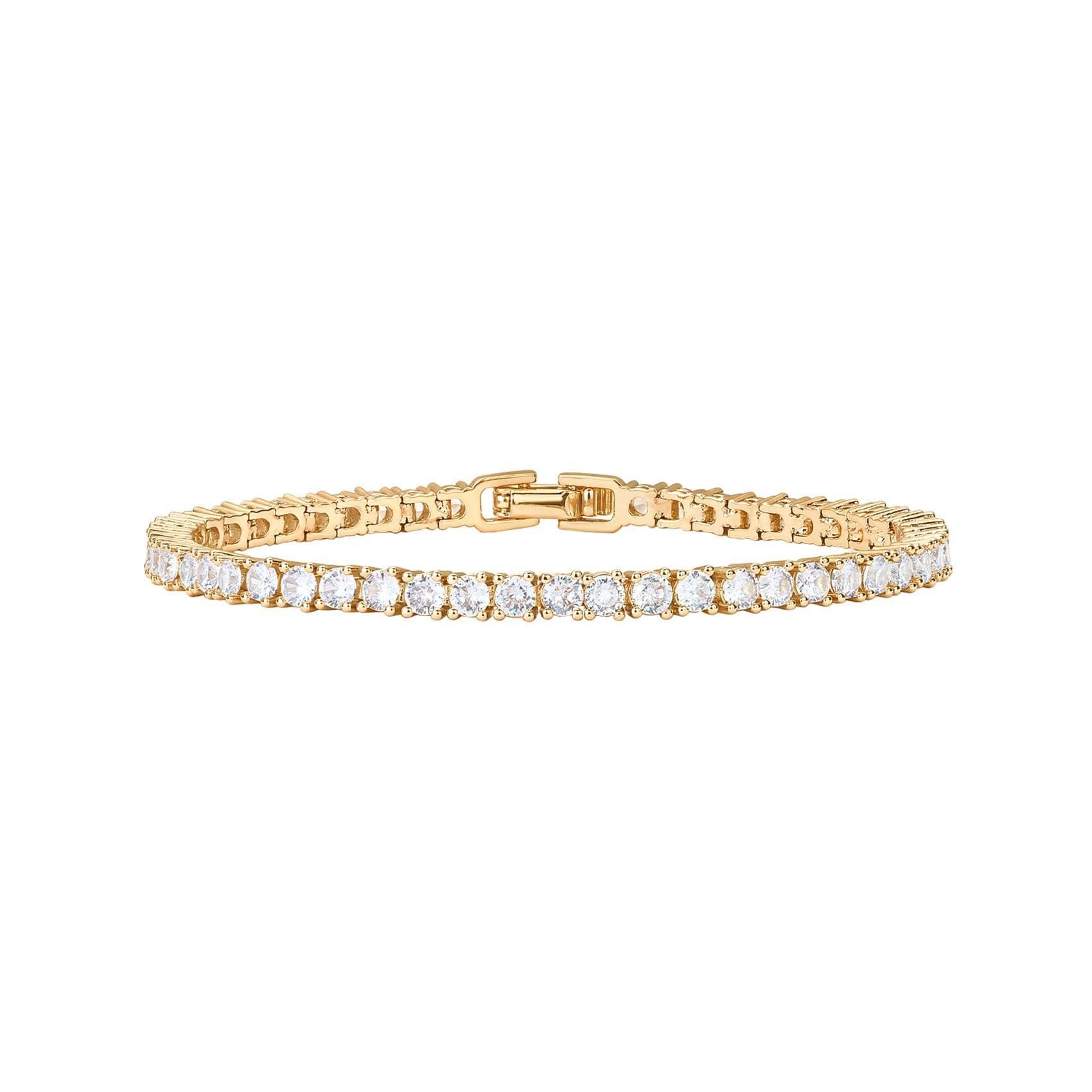 Gold 4.0mm Iced-Out Zirconia Tennis Bracelet with Secure Clasp - Classic Luxury Rhinestone Tennis Chain for Men & Women (7 Inches)