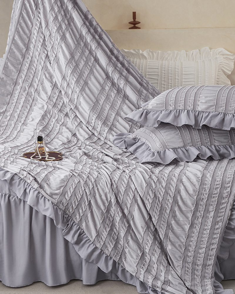 Pink Elegant Ruffle Seersucker Duvet Cover with 2PCS Pillow Shams - 3-Piece Vertical Stripe Clipped Floral Textured Bedding (Twin Size 168 x 229 CM)