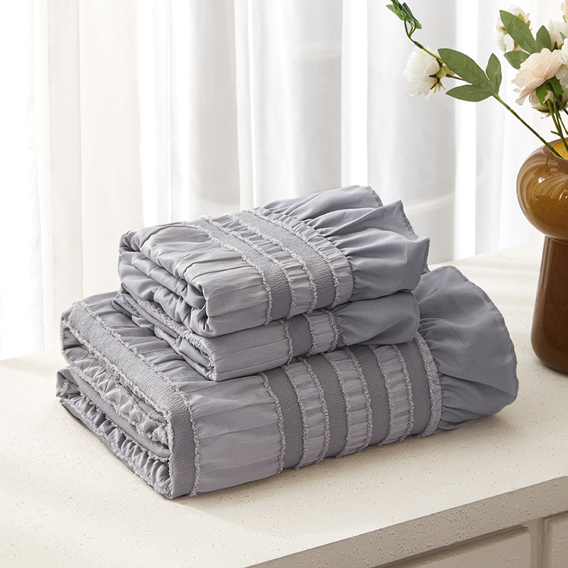 Grey Elegant Ruffle Seersucker Duvet Cover with 2PCS Pillow Shams - 3-Piece Vertical Stripe Clipped Floral Textured Bedding (Twin Size 168 x 229 CM)