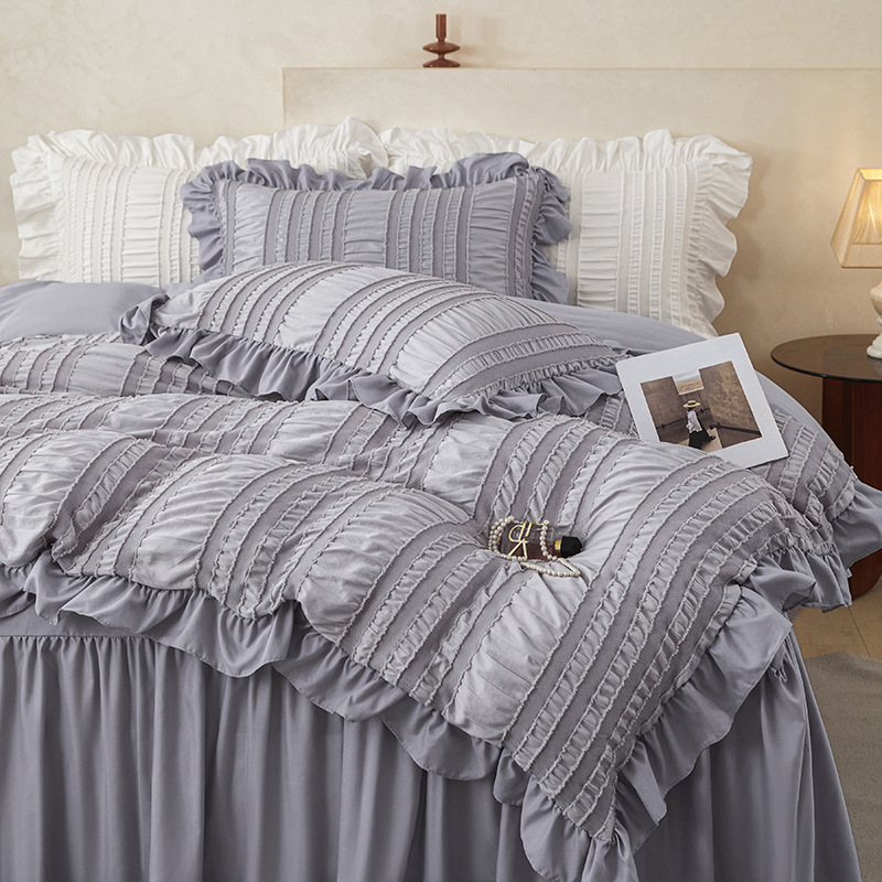 Beige Elegant Ruffle Seersucker Duvet Cover with 2PCS Pillow Shams - 3-Piece Vertical Stripe Clipped Floral Textured Bedding (Twin Size 168 x 229 CM)