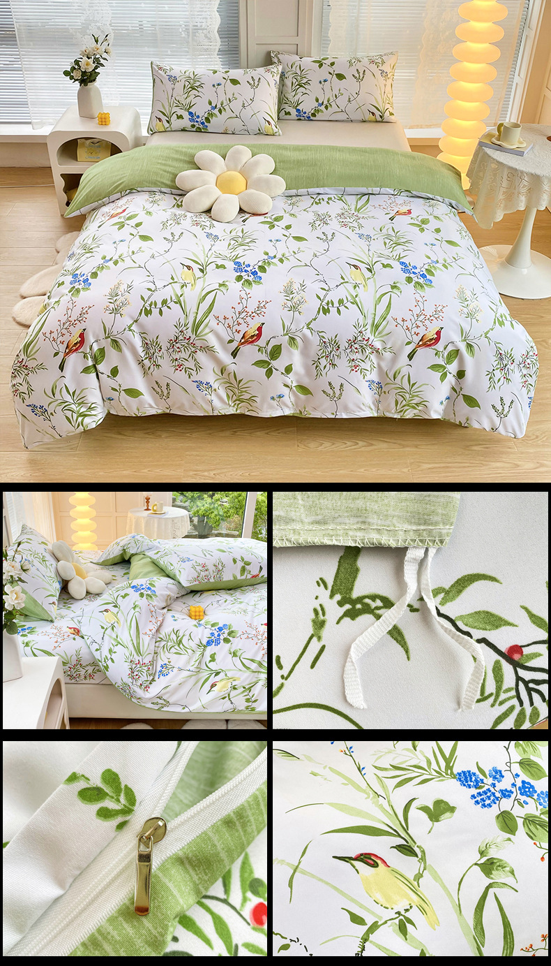 4-Piece Elegant Green Bouquet Printed Soft-Touch Brushed Bedding Set for 1.5M Bed: 175 x 220 CM Duvet Cover