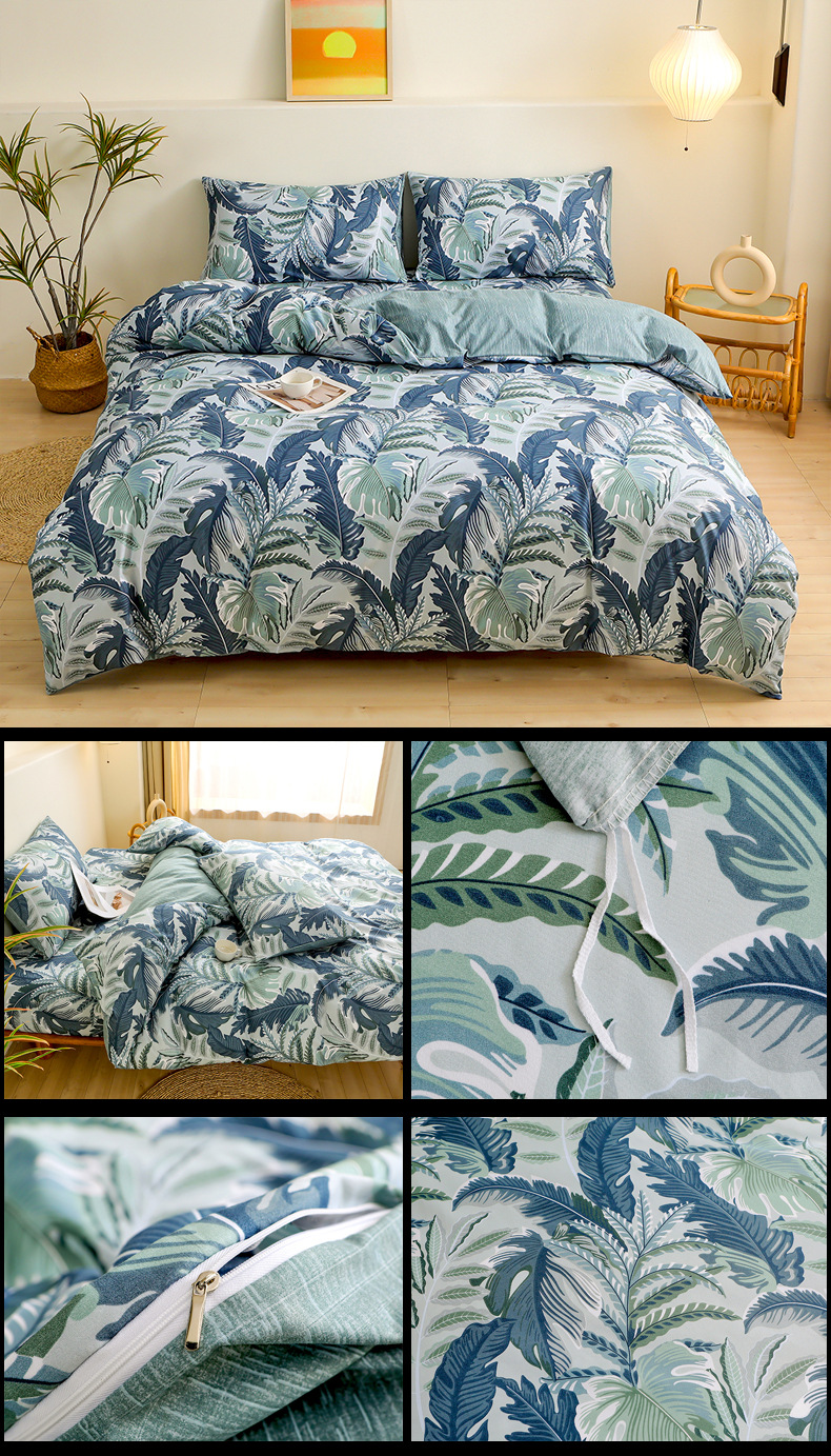 4-Piece Tropical Jungle Printed Soft-Touch Brushed Bedding Set for 1.8M Bed: 200 x 230 CM Duvet Cover