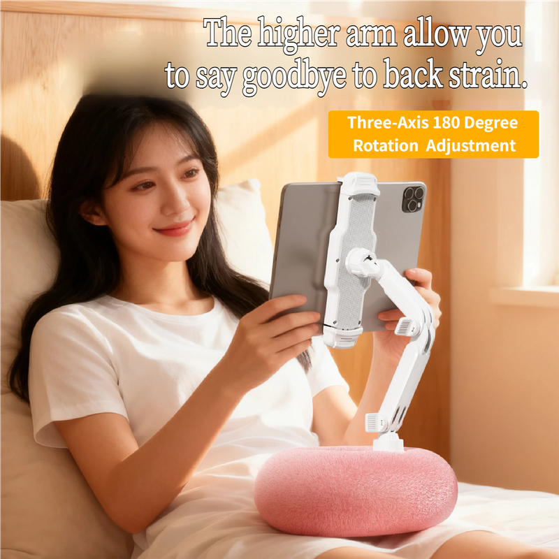 2-in-1 Pink Soft Plush Pillow Base & Tablet Holder - 3-Axis 180° Rotation