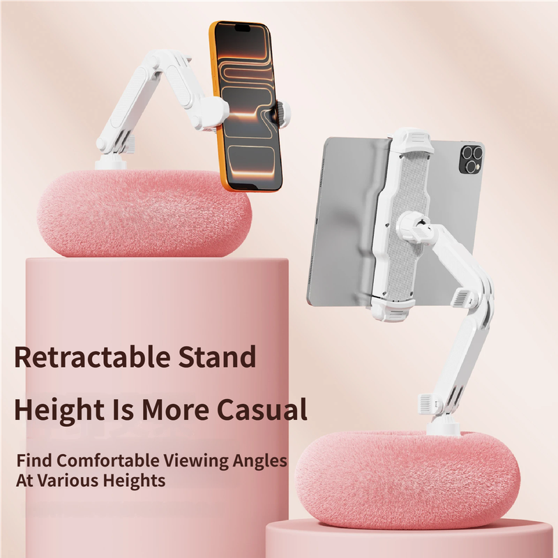 2-in-1 Pink Soft Plush Pillow Base & Tablet Holder - 3-Axis 180° Rotation