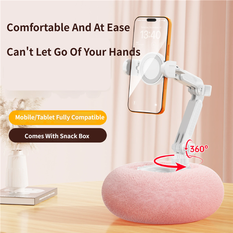 2-in-1 White Soft Plush Pillow Base & Tablet Holder - 3-Axis 180° Rotation
