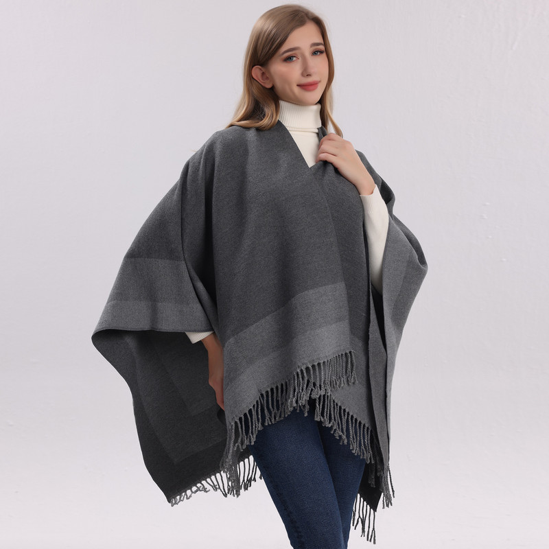 Grey elegant women%27s tassel cape shawl scarf