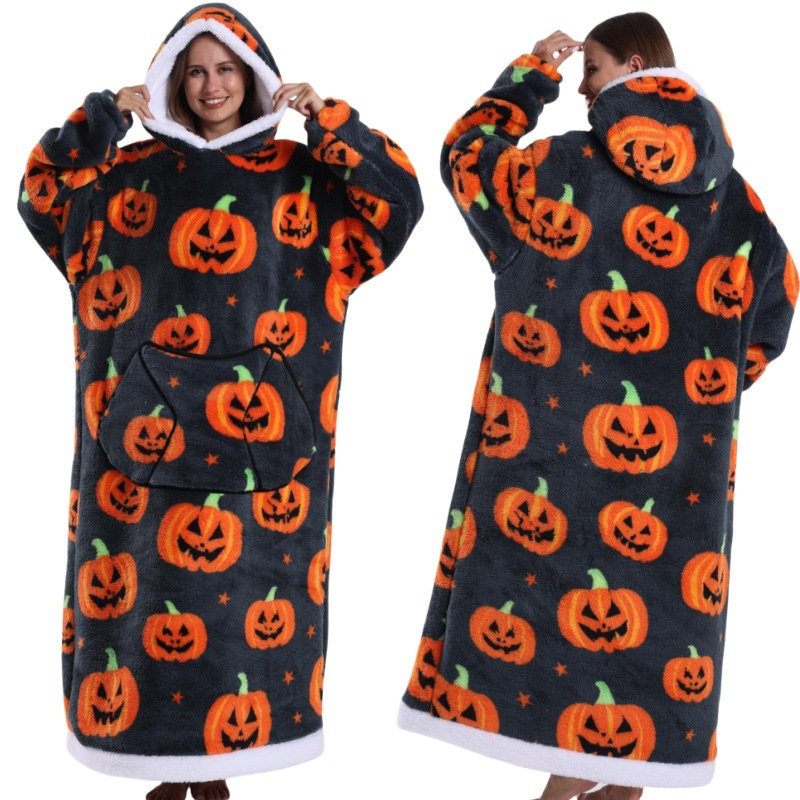 Grey Pumpkin Style Oversized Hooded Blanket for Adults - Ultra Soft & Warm Wearable Fleece Throw with Giant Pocket, Perfect for Winter, Christmas & Valentine's Day