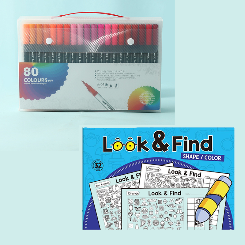 White Look and Find Activity Book with 80 Colors Dual Tip Brush Pens Set, Kids Educational Search and Find Coloring Book with Washable Watercolor Markers, Observation Skills Training Games for Children Ages 3-8, Perfect Gift for Boys Girls 2-Piece