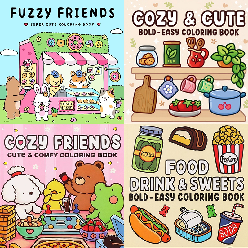 4-Pack Cute & Cozy Coloring Books for Kids, Kawaii Art Therapy Stress Relief Coloring Set with many Healing Illustrations, Mindfulness Drawing Book for Children Teens Ages 3+, Perfect Gift for Relaxation and Creativity【COZY FRIENDS+COZY & CUTE+DRINK& SWEE