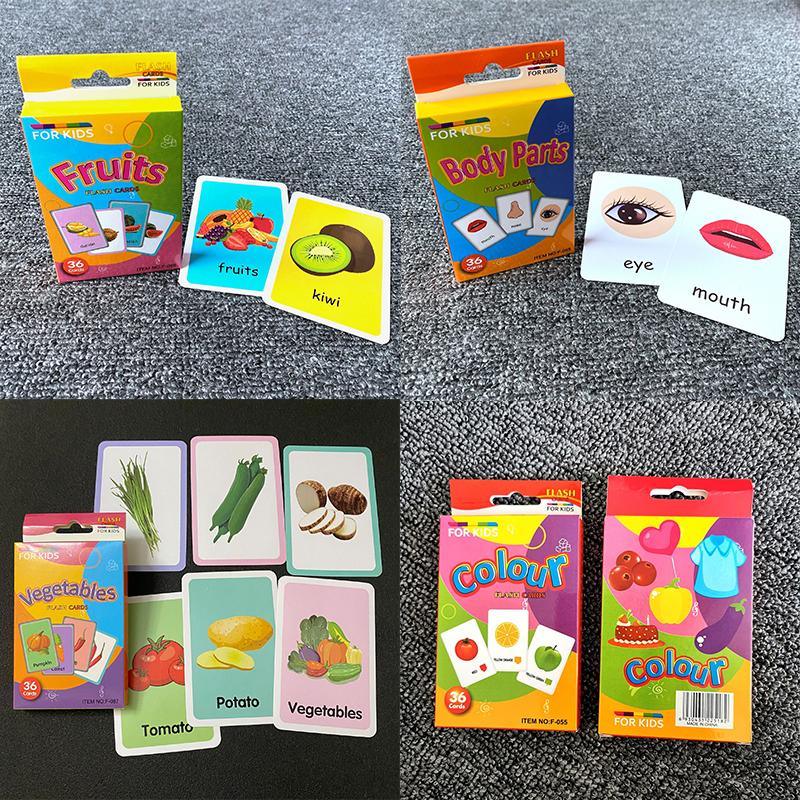 4-Set Kids Early Education Flash Cards, Montessori Cognitive Development Toys for Toddlers Ages 4+, Educational Gift for Boys Girls【Vegetables+Fruits+Colour+Body Parts】