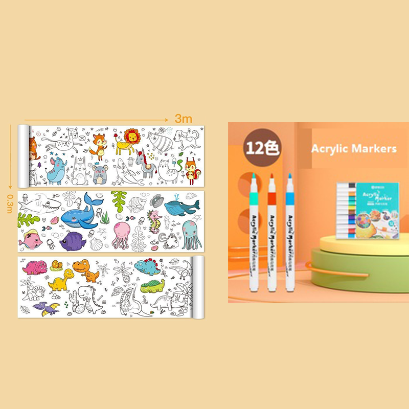 2 Piece- 3M Kids Coloring Scroll Drawing Paper and 12-Color Marker Set, Giant Doodle Art Mural for Wall, Jumbo Coloring Poster Roll, Creative Art Activity for Ages 3+