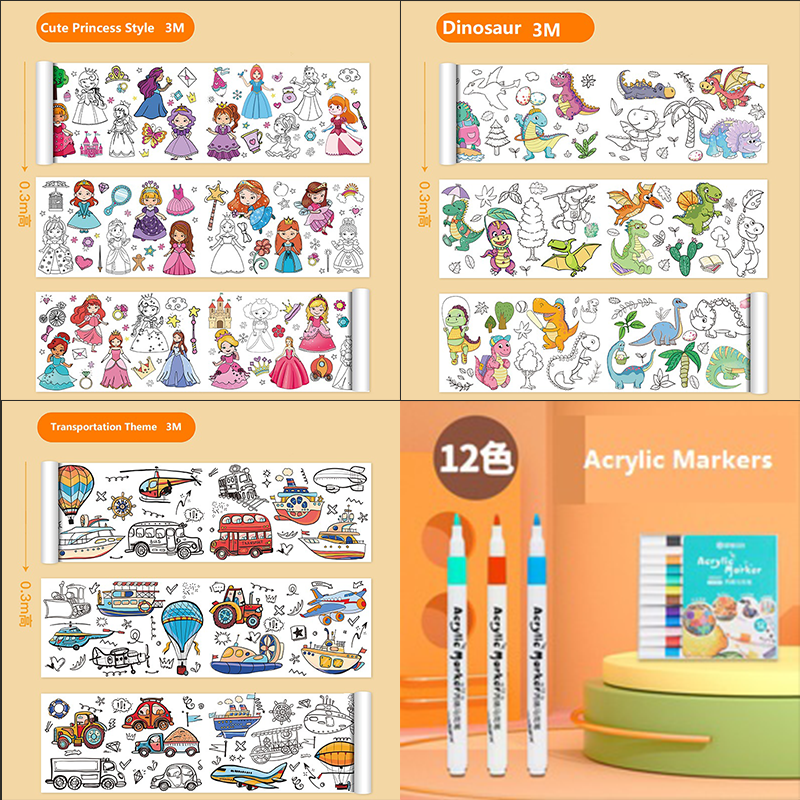 4 Piece- 3pce*3M Kids Coloring Scroll Drawing Paper and 12-Color Marker Set, Giant Doodle Art Mural for Wall, Jumbo Coloring Poster Roll, Creative Art Activity for Ages 3+
