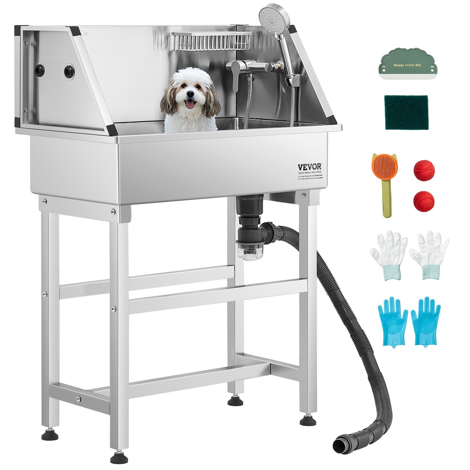 86.4 cm Stainless Steel Dog Washing Station, Pet Grooming Tub with Hot & Cold Faucet, Showerhead, Storage Rack, No-Bend All-in-One Bathtub, Home Wash Sink, Fits Small Cats and Dogs