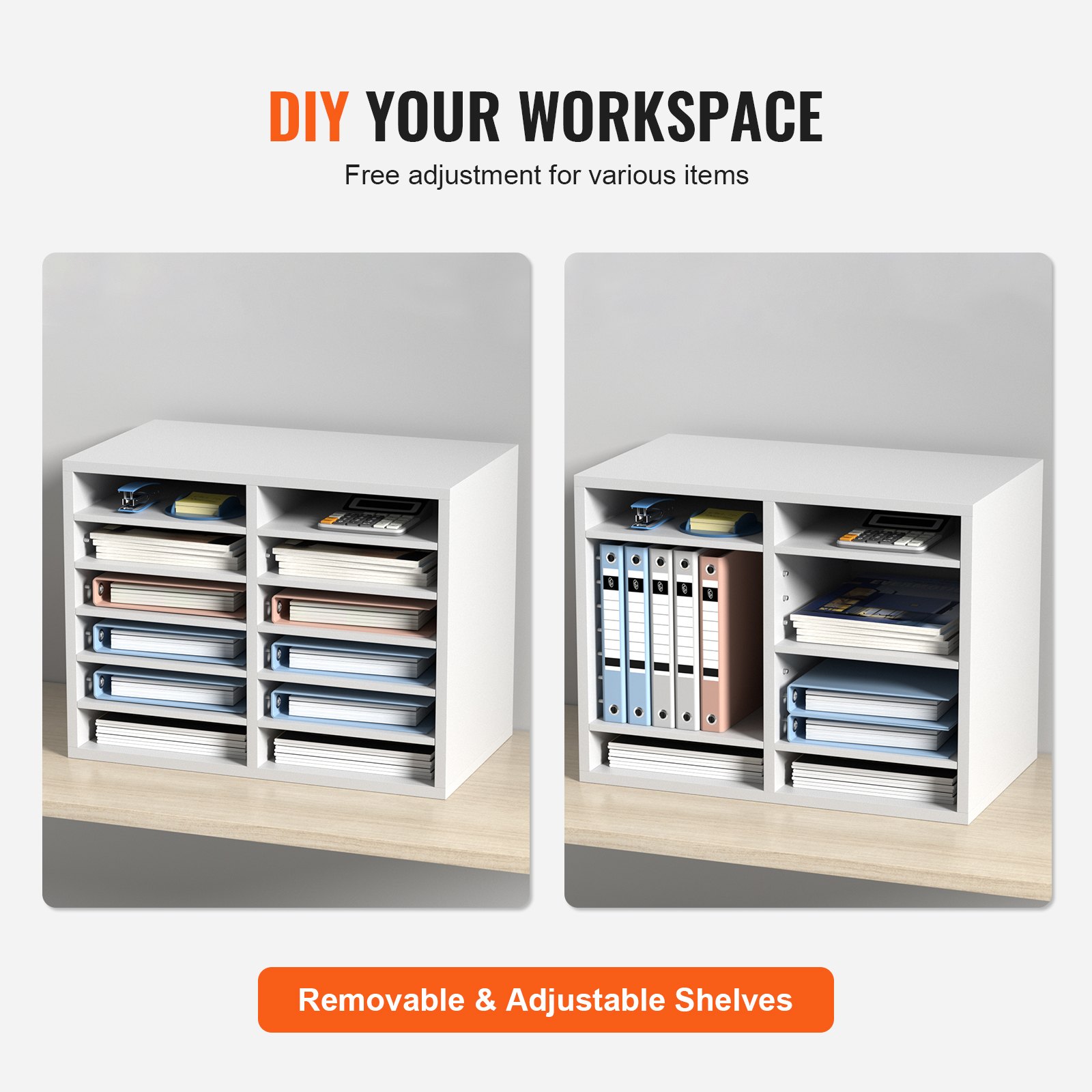 VEVOR Wood Literature Organizer Adjustable File Sorter 12 Compartments White