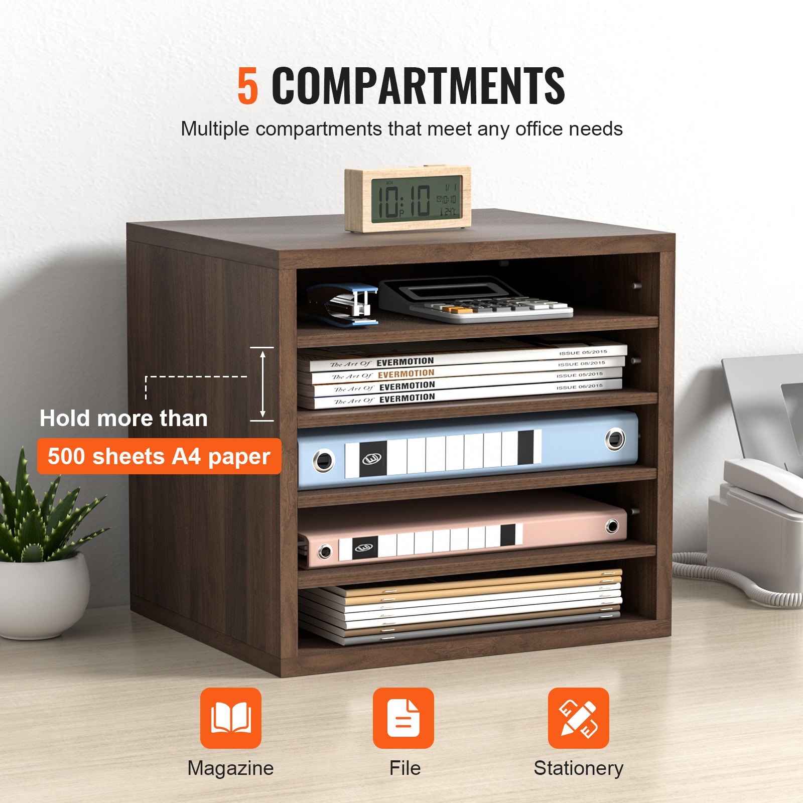 VEVOR Wood Literature Organizer Adjustable File Sorter 5 Compartments Brown