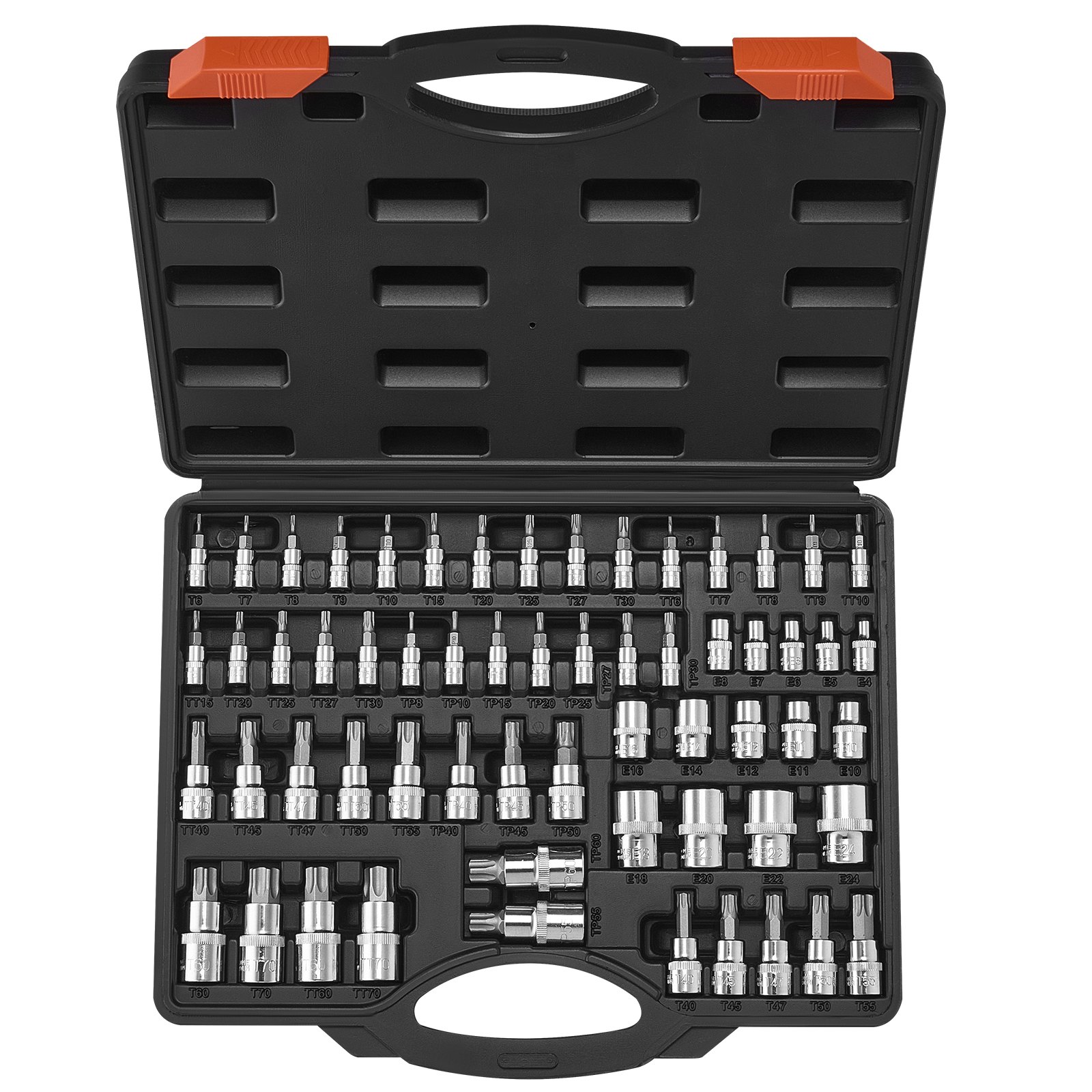 Torx Bit Socket and External Torx Socket Set, 60-Piece T6-T70, TT6-TT70, TP8-TP60, E4-E24, S2 Alloy Steel and Cr-V Steel, 1/4 in, 3/8 in, and 1/2 in Drives, with Enhanced Storage Case, Hand Use