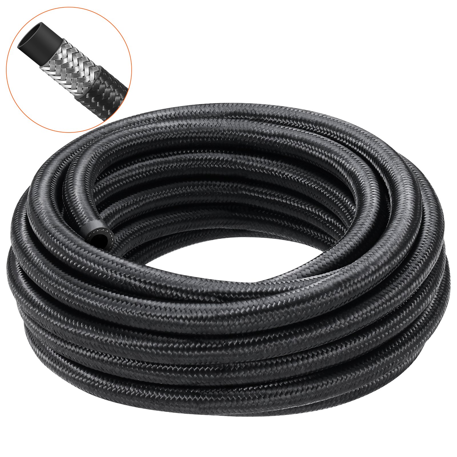 8AN Fuel Line Kit, 6.1 m Fuel Hose Kit, 1.0 cm Nylon Stainless Steel Braided Fuel Line Oil/Gas/Diesel Hose End Fitting Kit, with 12 PCS Swivel Fitting Adapter Kit, Black