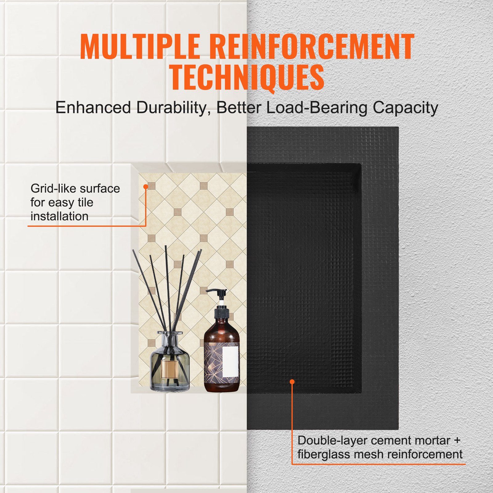 VEVOR Shower Niche Ready for Tile 40.64 x 40.64 cm, Single Shelf Organizer, Square Corners Wall-inserted Niche Recessed, Sealed Protection Modern Soap Storage Niche for Shower Bathroom, Black
