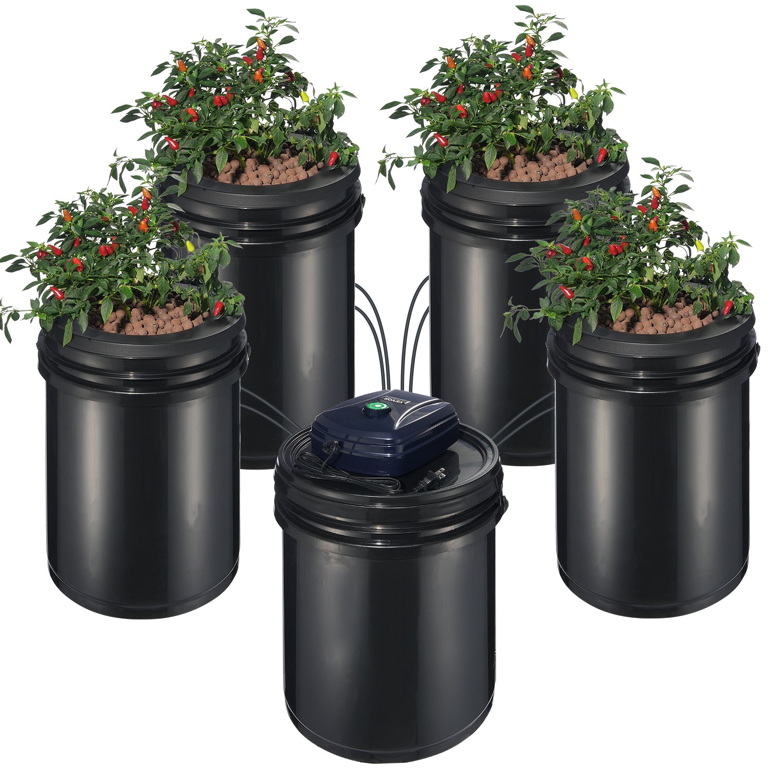 RDWC Hydroponics Grow System, Hydroponic Growing Kit with Top Drip, Recirculating Deep Water Culture 4 Buckles and 1 Reservoir, with Air Pump and Water Level Device for Leafy Vegetables