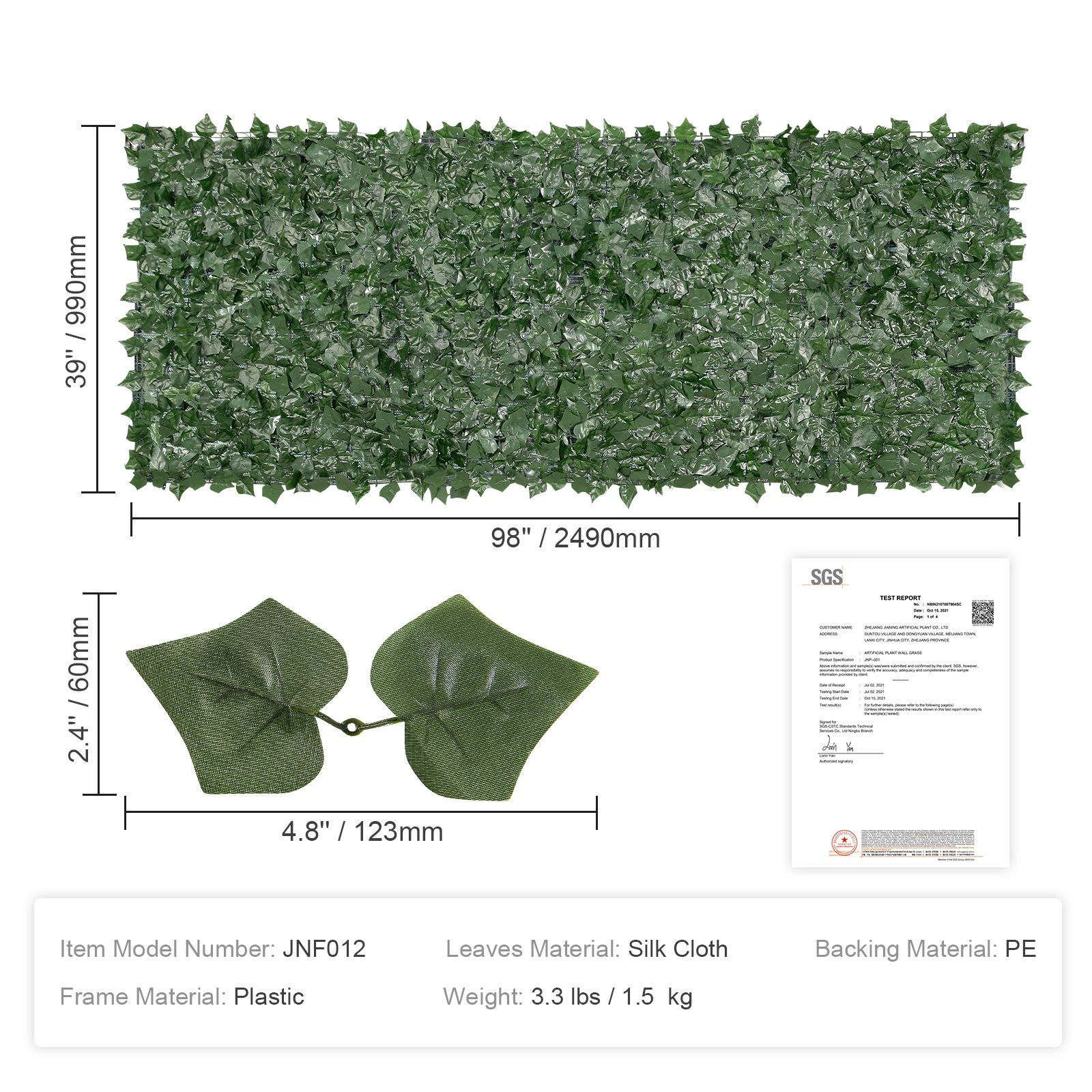 VEVOR Ivy Privacy Fence, 990 x 2490 mm Artificial Green Wall Screen, Greenery Ivy Fence with Mesh Cloth Backing and Strengthened Joint, Faux Hedges Vine Leaf Decoration for Outdoor Garden, Yard