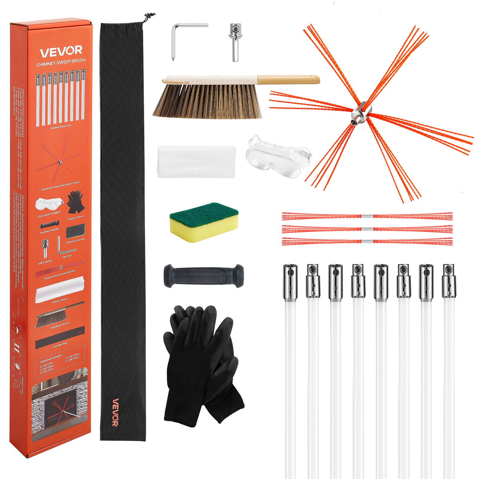 Chimney Sweep Kit, 8m Maximum Extendable Length Chimney Brush, Chimneys Cleaning Kit with Bristle Replacements & Goggles, 90° Bendable Fireplace Cleaning Tool, for Square, Rectangle Chimneys