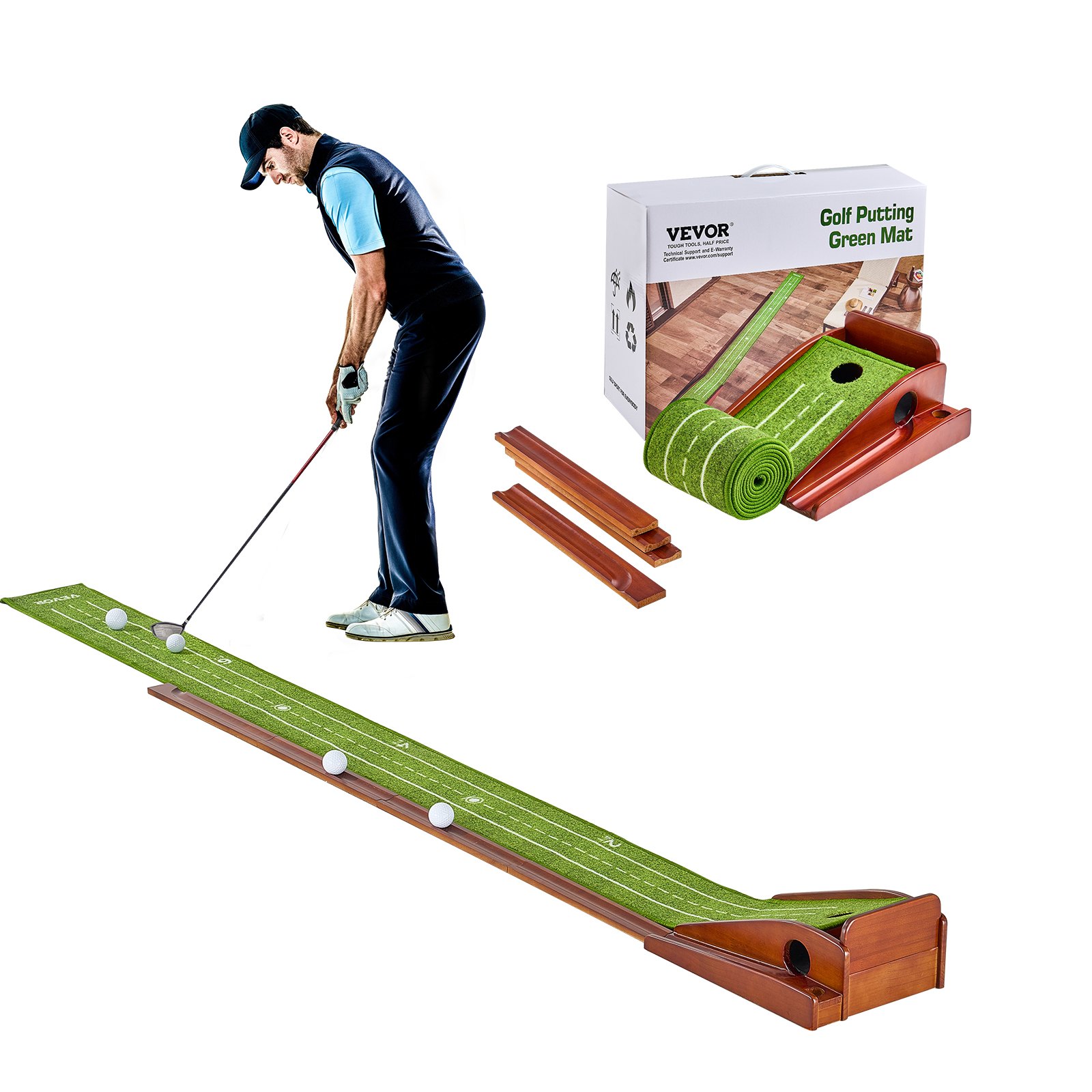 Golf Putting Mat, 1 Hole Indoor Golf Putting Green, Wrinkle-Free Golf Training Aid, Mini Golf Accessory with Auto-Ball Return, Alignment Guide, and Wood Base, Game Practice Gift for Home Office