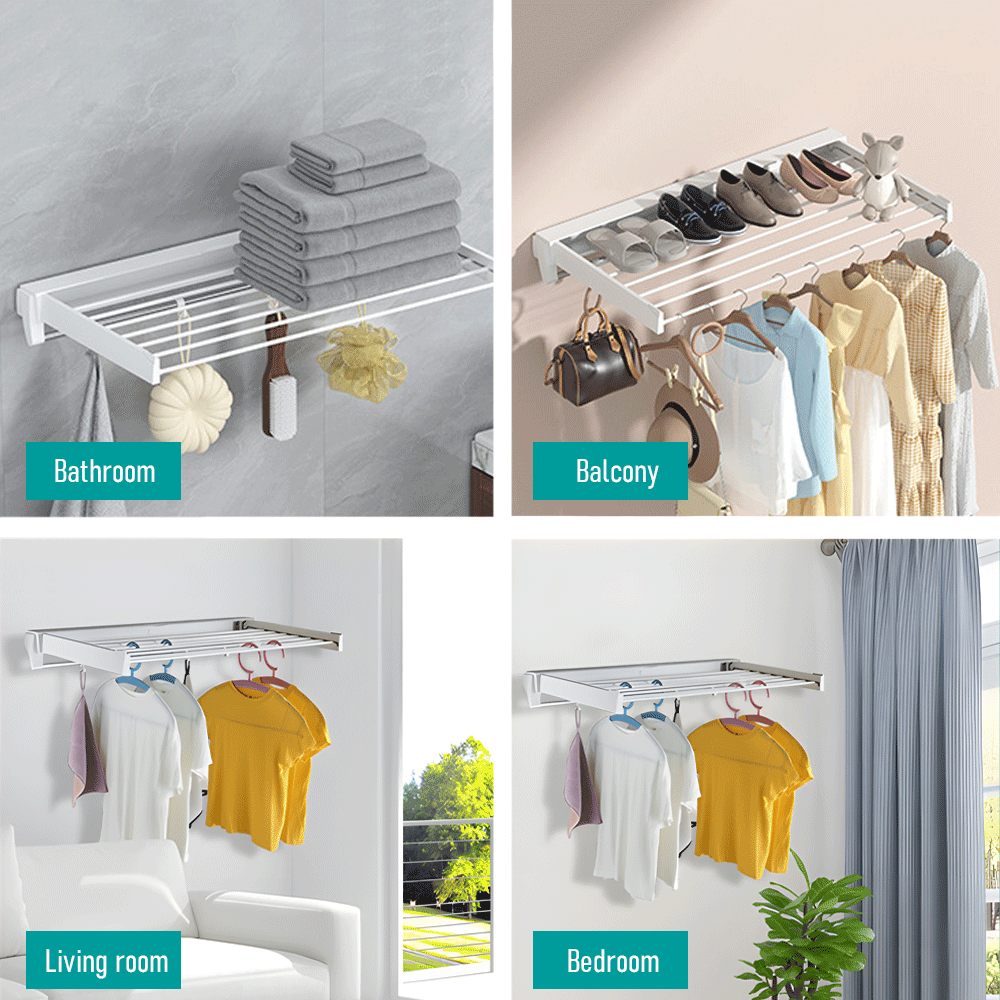 Alston Wall Mounted Drying Rack Black Clothes Airer Space Saver Folding Dryer Bearing Capacity 12KG Foldable Rail With Hooks Indoor Outdoor Balcony Laundry