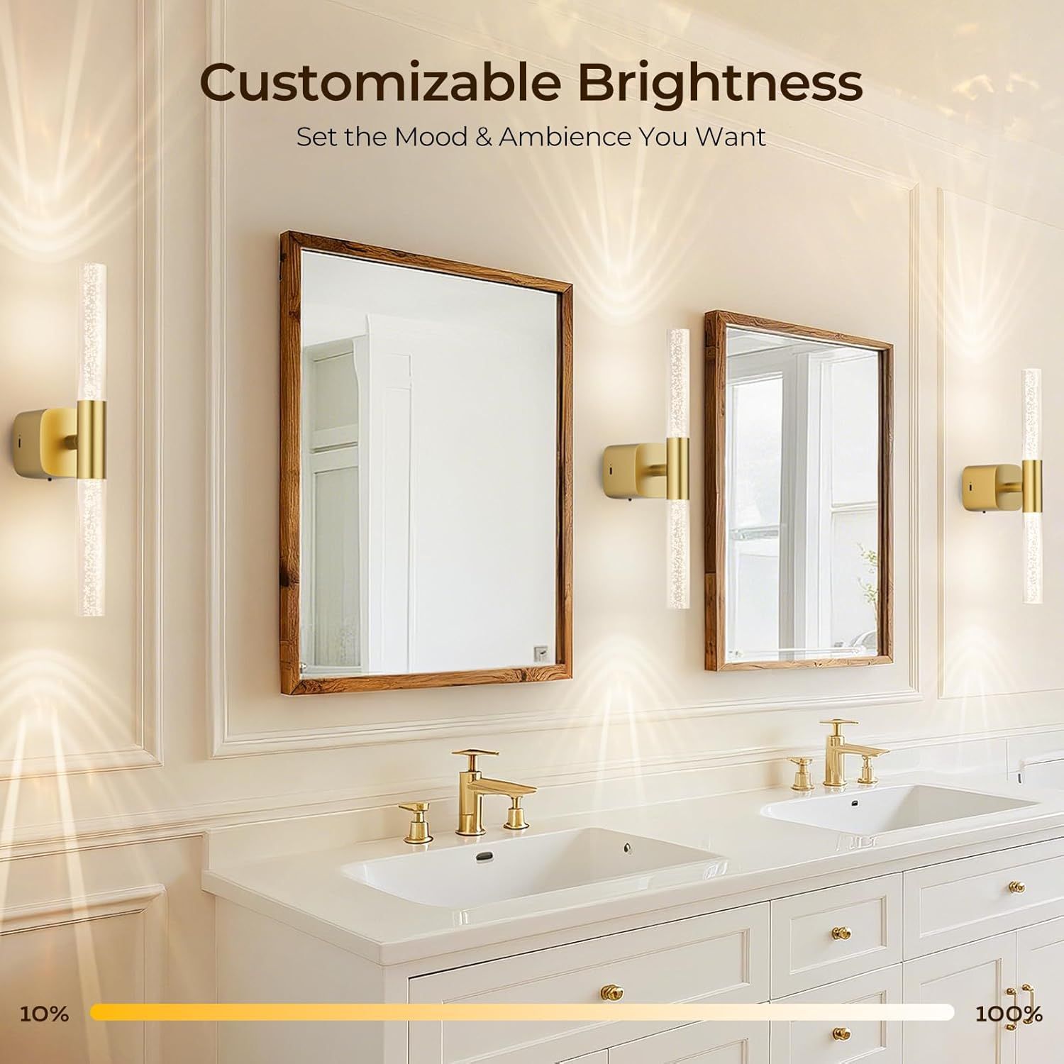 Battery Operated Wall Sconce Set of 2 Rechargeable Battery Powered Wall Light with 12000mAh Wireless Dimmable Wall Lamp Fixtures for Bedroom Living Room (Brushed Gold