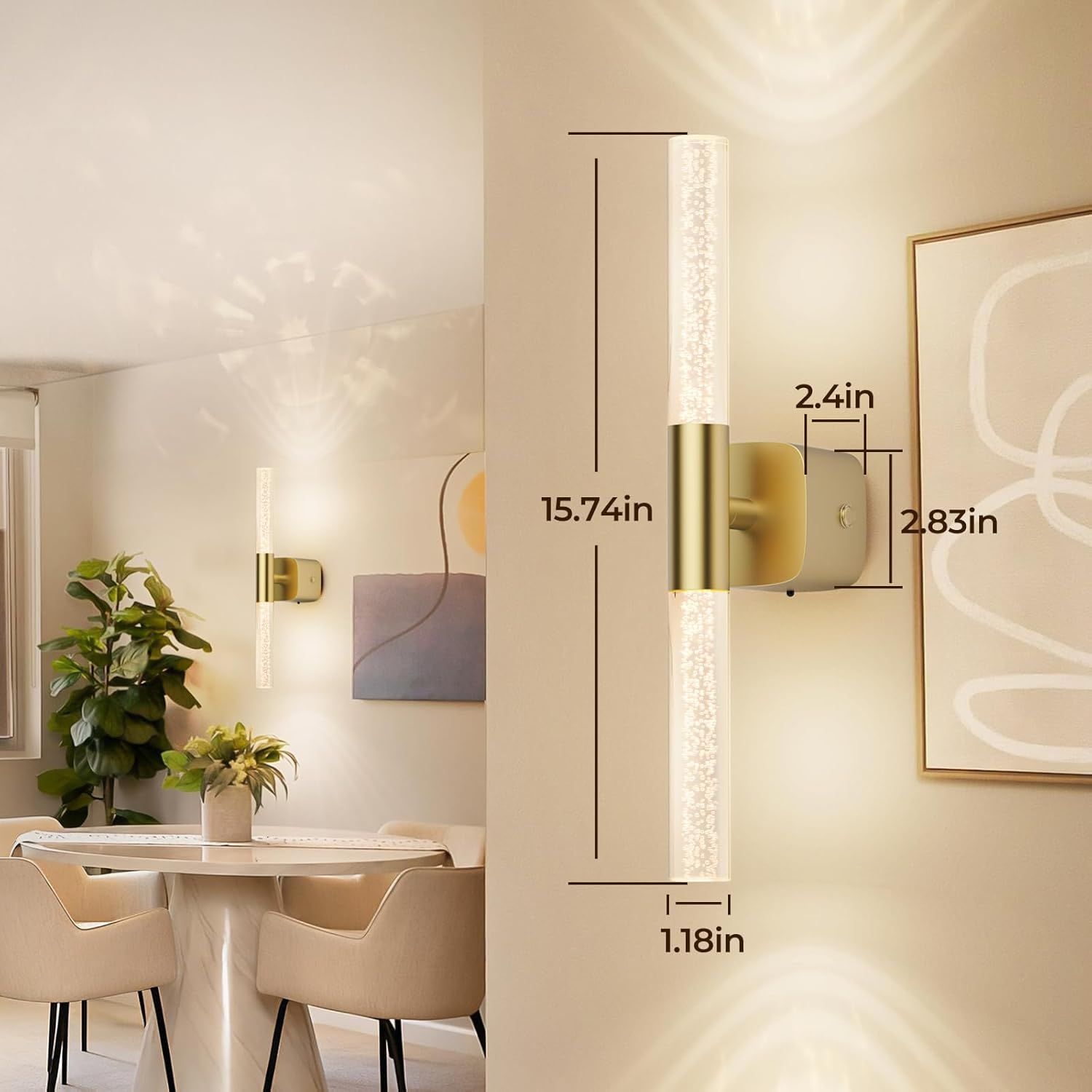 Battery Operated Wall Sconce Set of 2 Rechargeable Battery Powered Wall Light with 12000mAh Wireless Dimmable Wall Lamp Fixtures for Bedroom Living Room (Brushed Gold