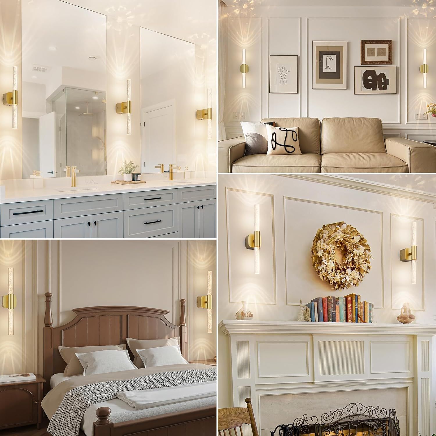 Battery Operated Wall Sconce Set of 2 Rechargeable Battery Powered Wall Light with 12000mAh Wireless Dimmable Wall Lamp Fixtures for Bedroom Living Room (Brushed Gold
