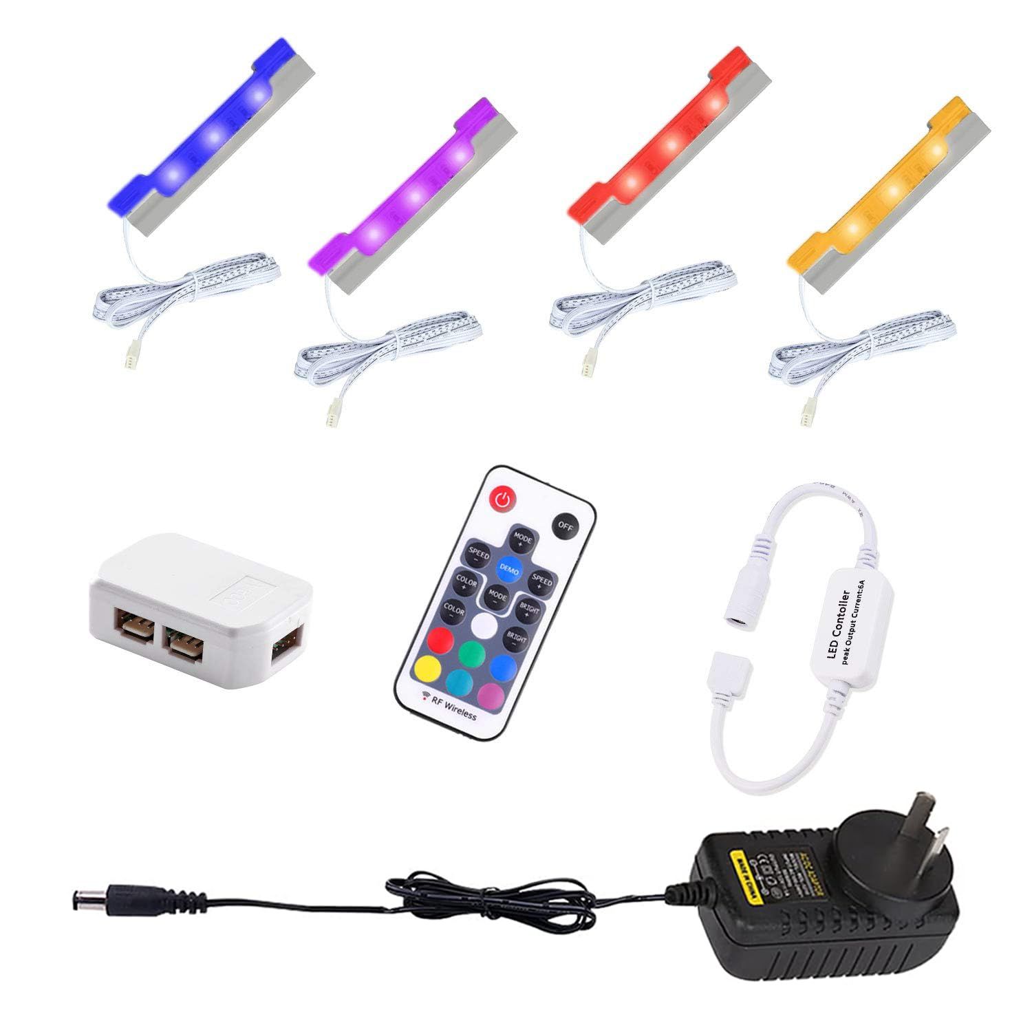 LED Under Cabinet Night Lights Kit for Glass Edge Shelf Back Side Lighting Using Flexible Cable and Clip with RF Remote(4 lights LED Under Cabinet Night Lights Kit for Glass Edge Shelf Back Side Lighting Using Flexible Cable and Clip with RF Remote(4 lights