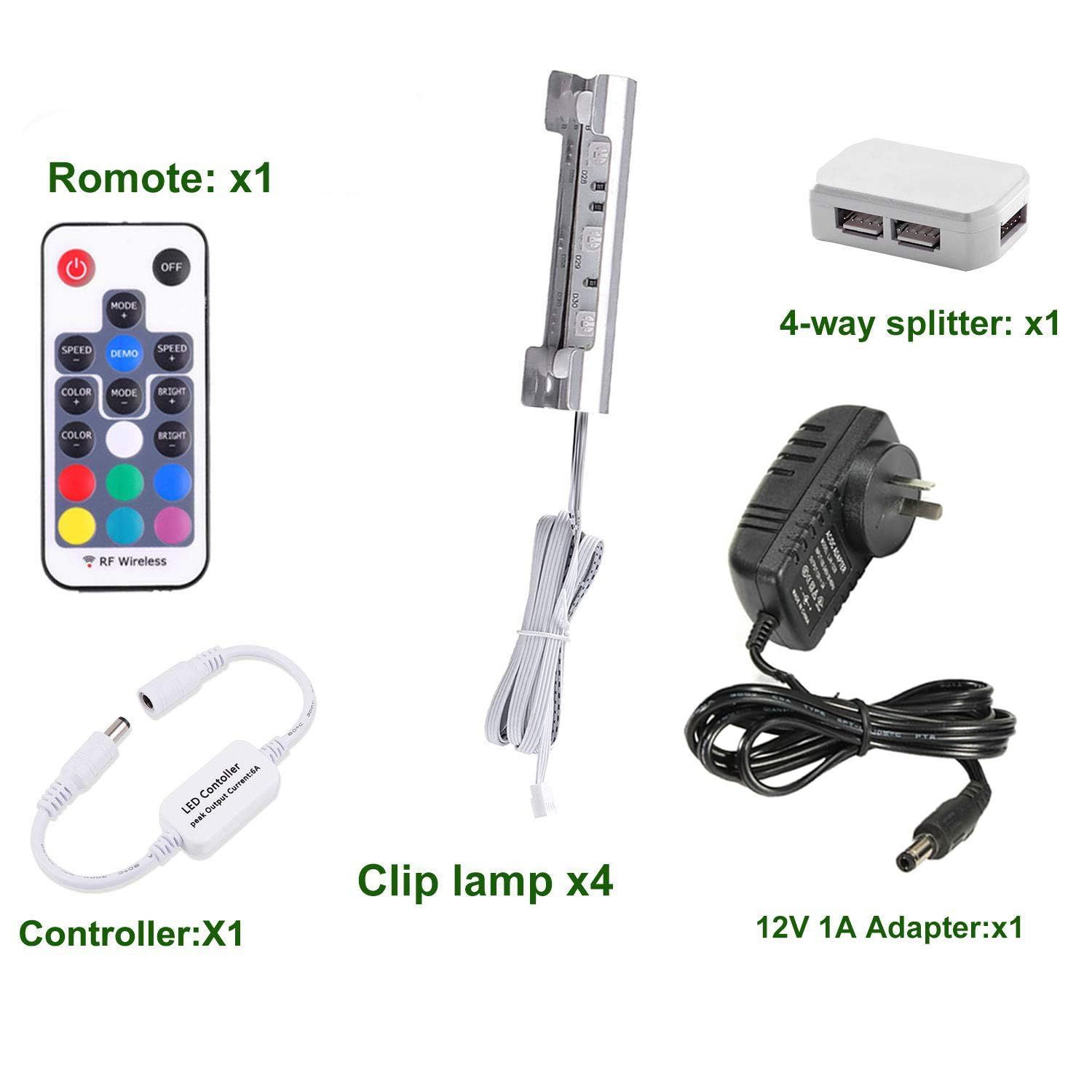 LED Under Cabinet Night Lights Kit for Glass Edge Shelf Back Side Lighting Using Flexible Cable and Clip with RF Remote(4 lights