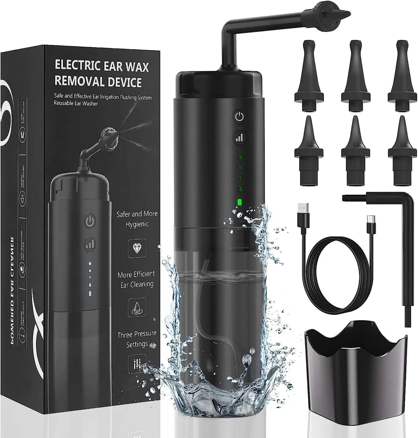 Water Powered Ear Cleaner Electric Triple Jet Stream 3 Pressure Water Resistant