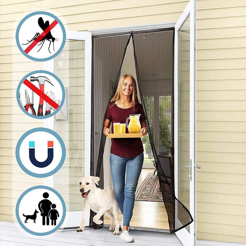 Magnetic Door Screens - 90x210 cm Self-Closing - High-Density Insect Mesh - No Drilling Required - Black