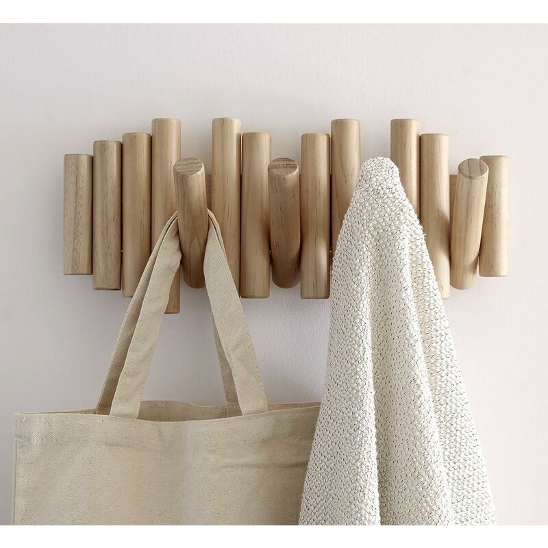 Wooden Wall Coat Rack with 5 Retractable Hooks