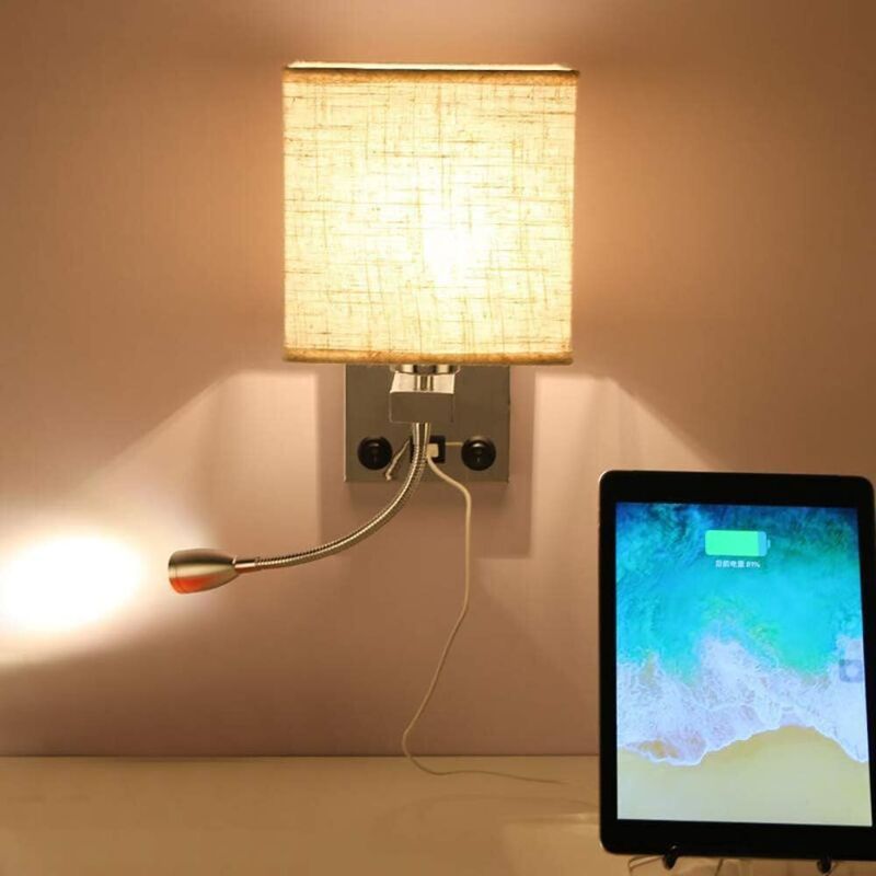 Bedside Wall Lamp with Flexible USB LED Reading Light