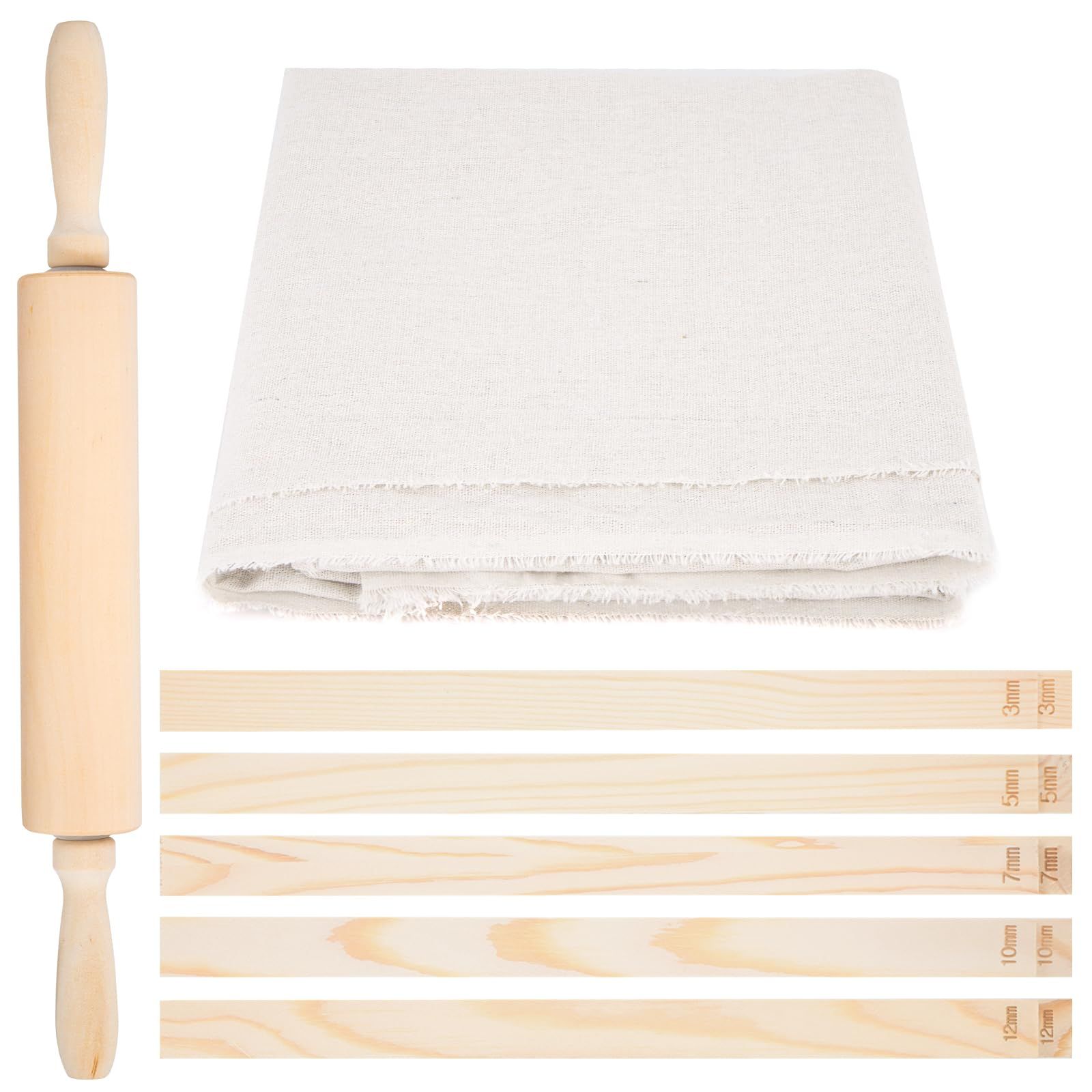 12 Pcs Pottery Tools Include 1 Wood Rolling Pin Sculpting Polymer Clay Tools 1 Portable Pottery Wedging Board/Linen Tablecloth and 10 Pcs 5 Size Teaching Rolling Mud Stick Guide (Tablecloth)