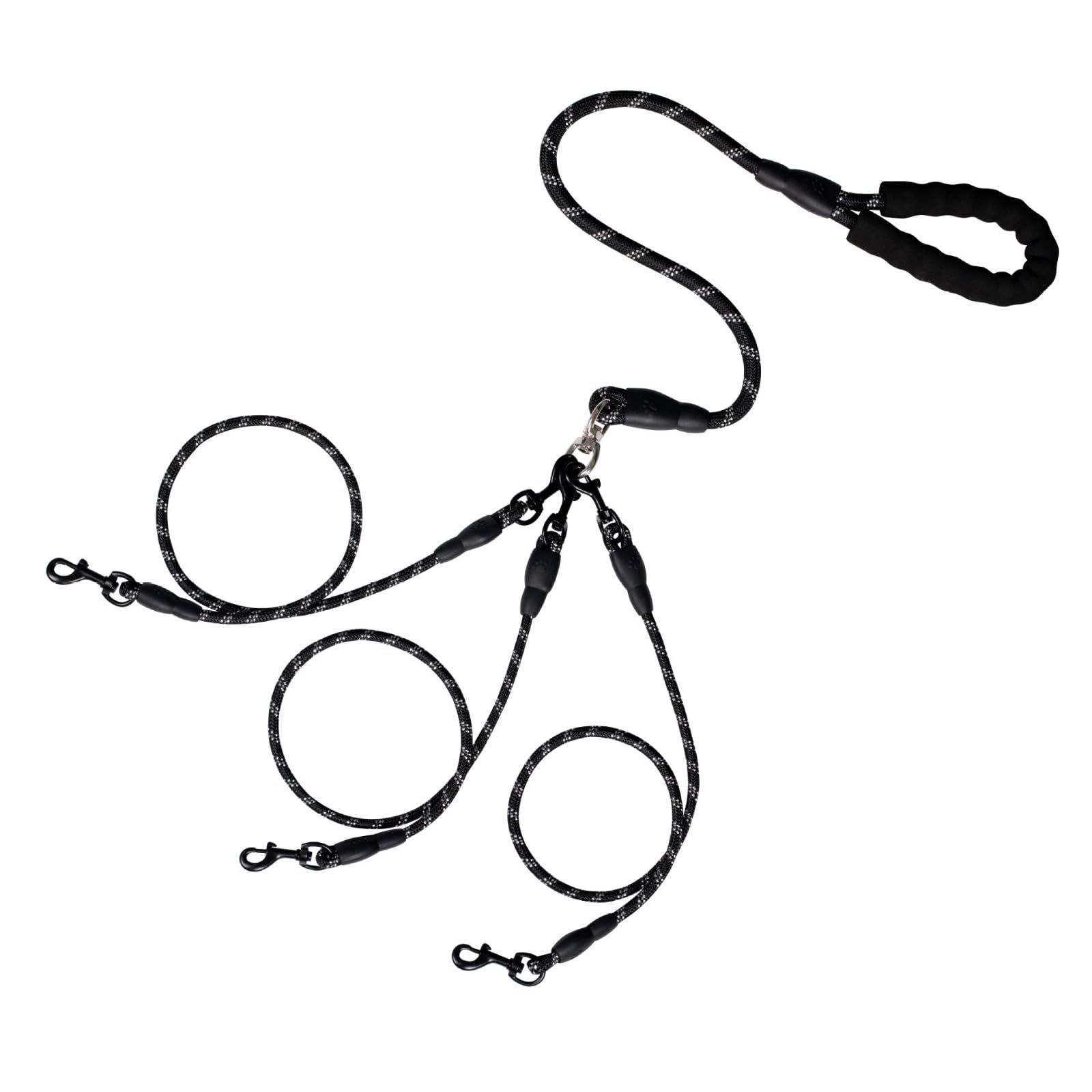 No Tangle 3 Dog - Main Lead Rope with Padded Handle, Three Detachable Leash Splitters, Heavy-Duty Clip, Walking, Running, Small, Medium, Large Dogs (Black)