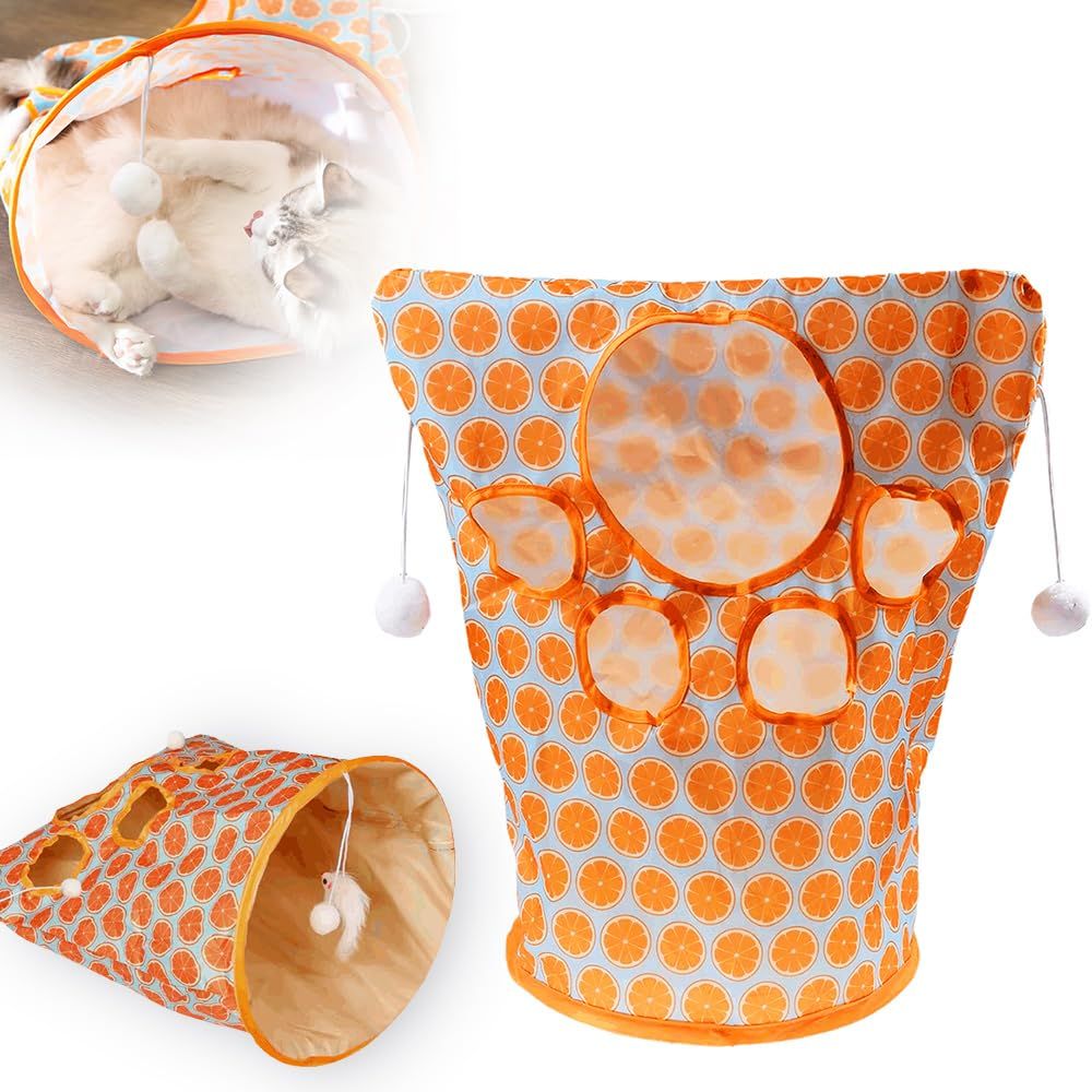 2pcs Cat Tunnel Bag for Indoor Cats, Foldable Pet Tunnel Crinkle Sack Bag with a Little Mouse & Toy Ball, Portable Crinkle Paper Interactive Hide and Seek Cat Toys (Orange)