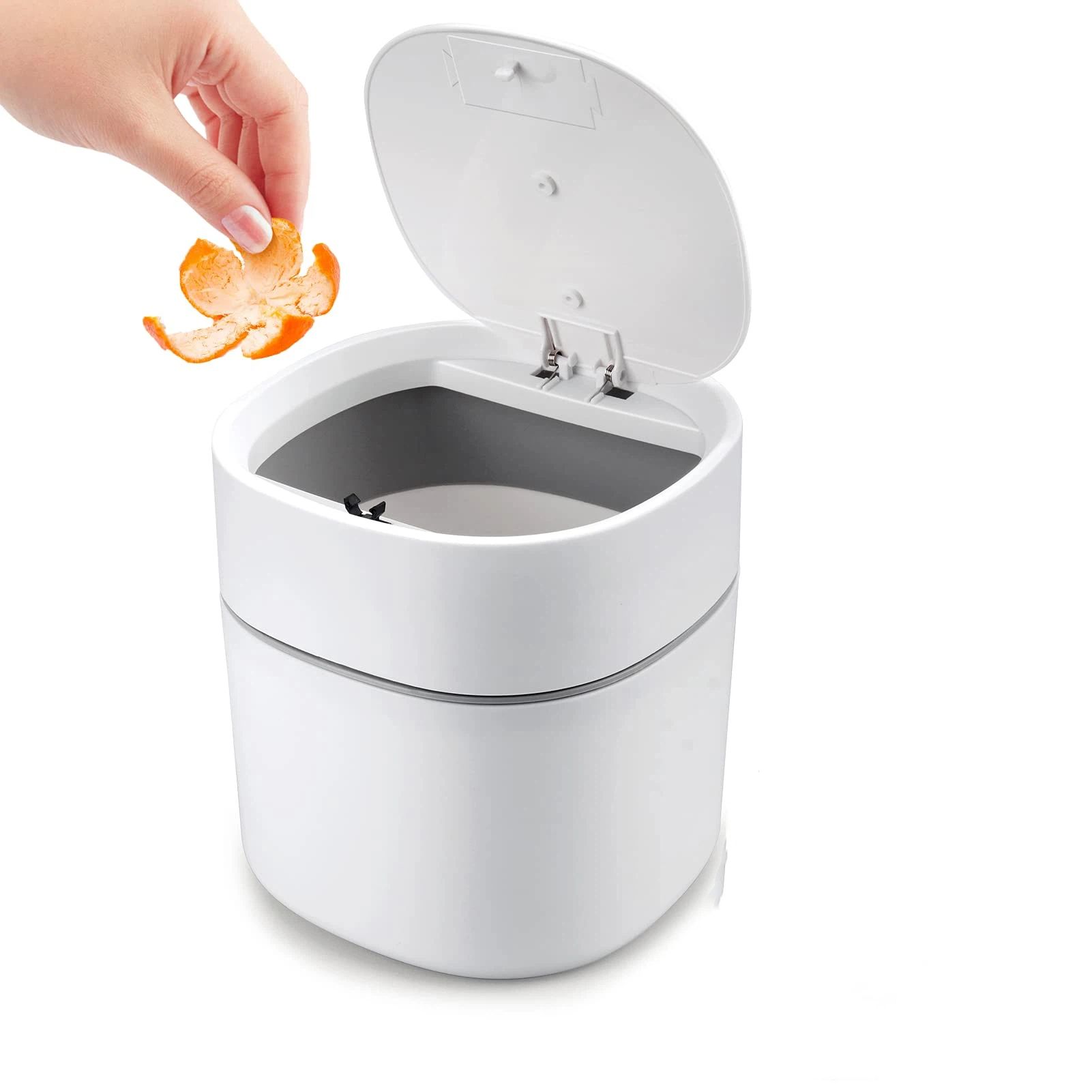 Mini Desk Trash Can with Lid, Press-Top Tiny Countertop Waste Basket Small Table Top Plastic Covered Garbage Bin for Desk Top
