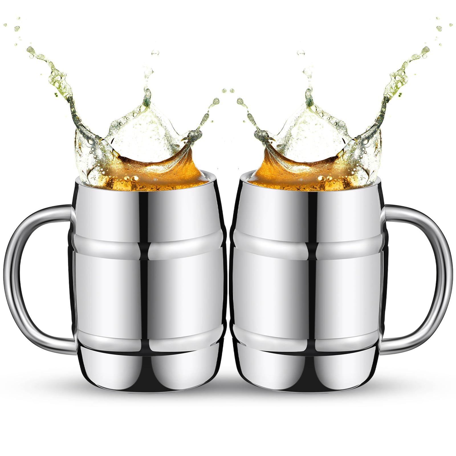 2 Pcs 304 Stainless Steel Barrels Mugs 16 oz Double Wall Coffee Cup Beer Cup with Handle for Party Travel Tumbler Tea Insulated Cold Hot Drinks