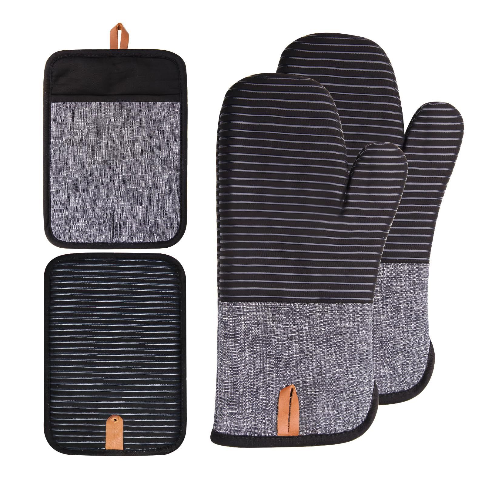 4PCS Oven Mitts and Pot Holders, Silicone Oven Gloves, Heat Resistant Oven Mitts Sets, Non-Slip Silicone Textured Grip, (Black)