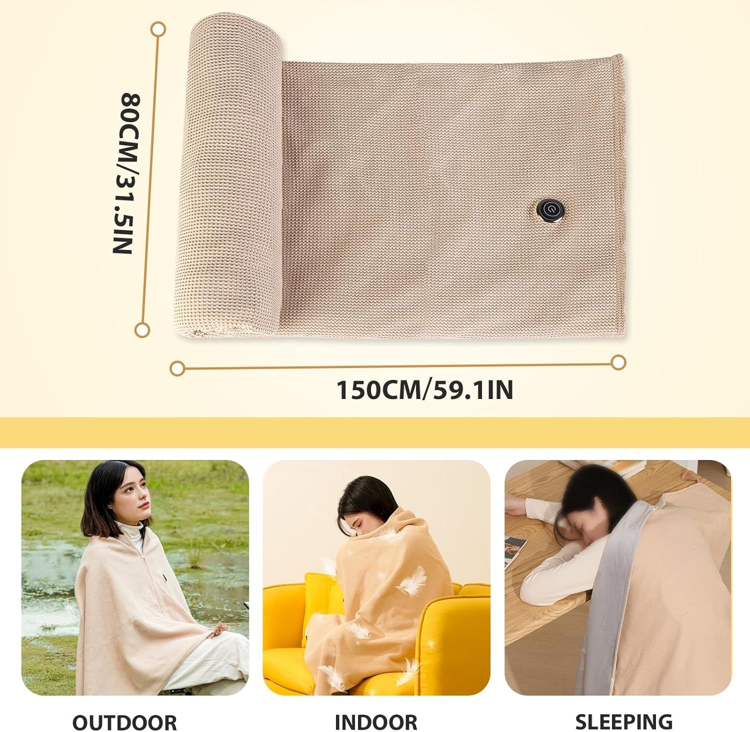 USB Power Supply Electric Heated Blanket Shawl Portable Wearable Heated Throw 3 Heat Levels Machine Washable Cozy 62x32 Inches
