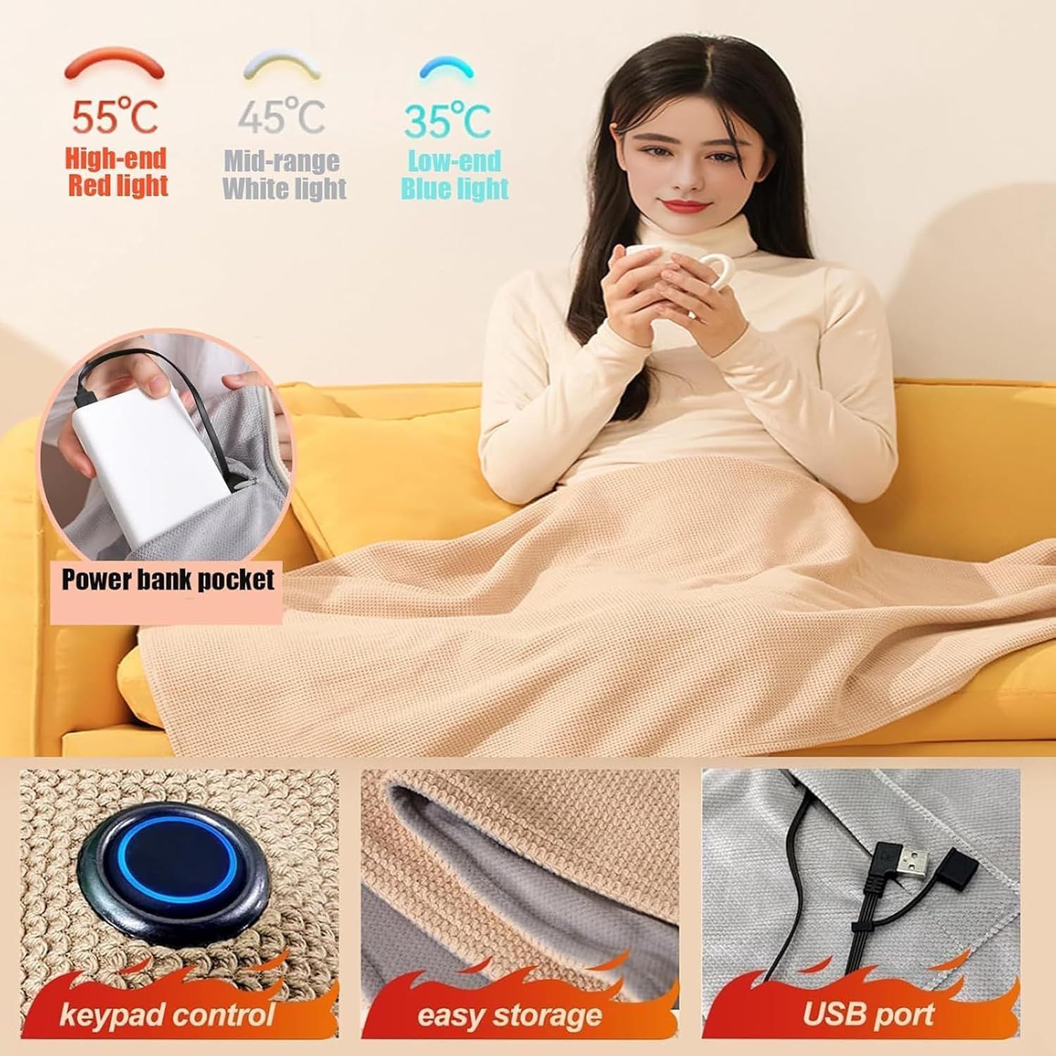 USB Power Supply Electric Heated Blanket Shawl Portable Wearable Heated Throw 3 Heat Levels Machine Washable Cozy 62x32 Inches